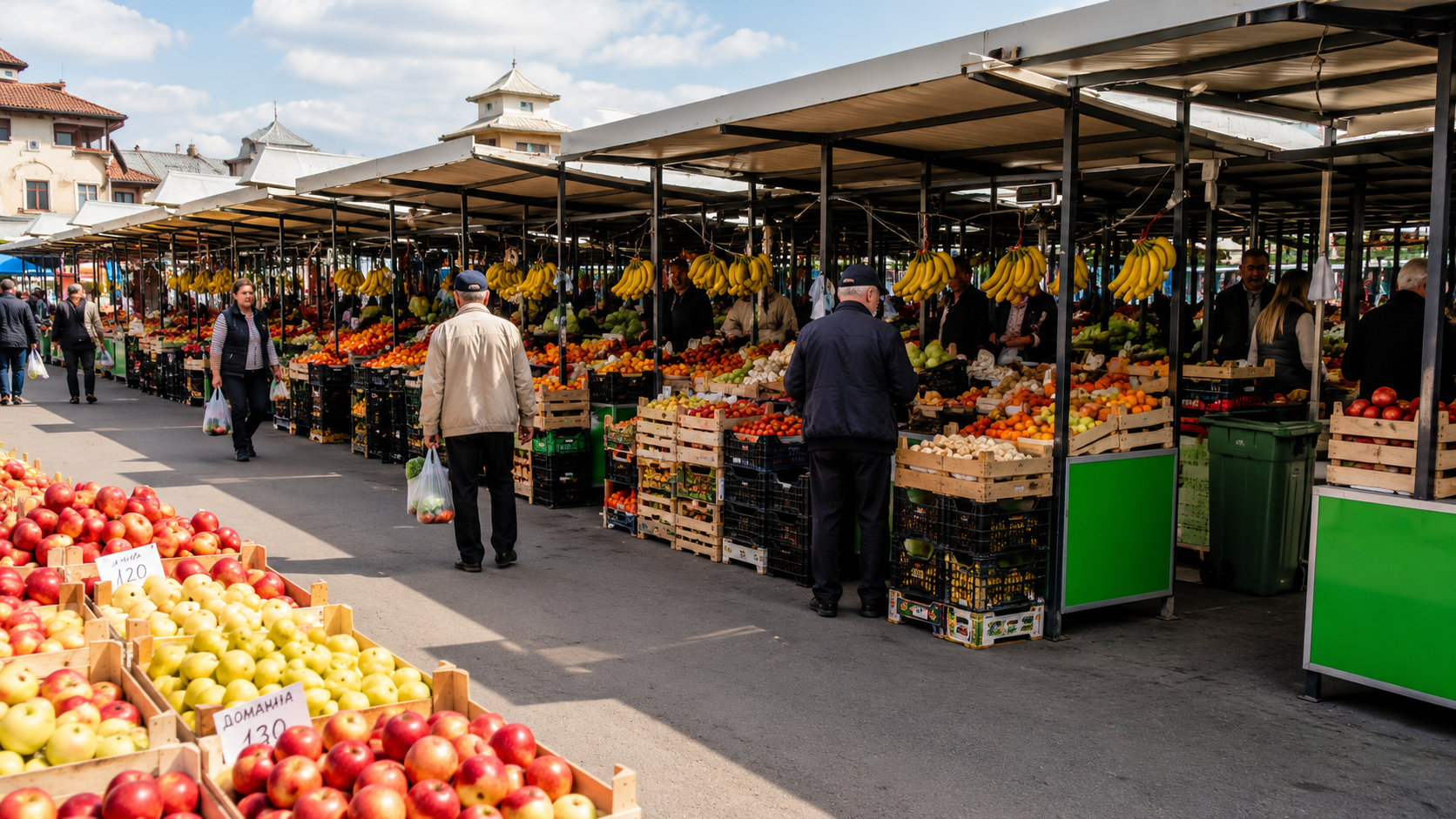 Red natkrivenih tezgi sa jabukama i bananama na zelenoj pijaci u Kraljevu, istaknut cenovnik za domaće jabuke